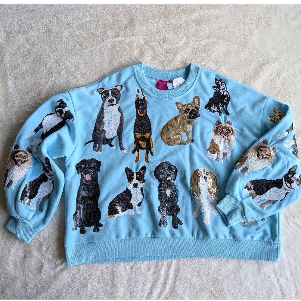 Queen of Sparkles Blue Sequin Dog Breed Sweatshirt Small All Over Dog Print NEW